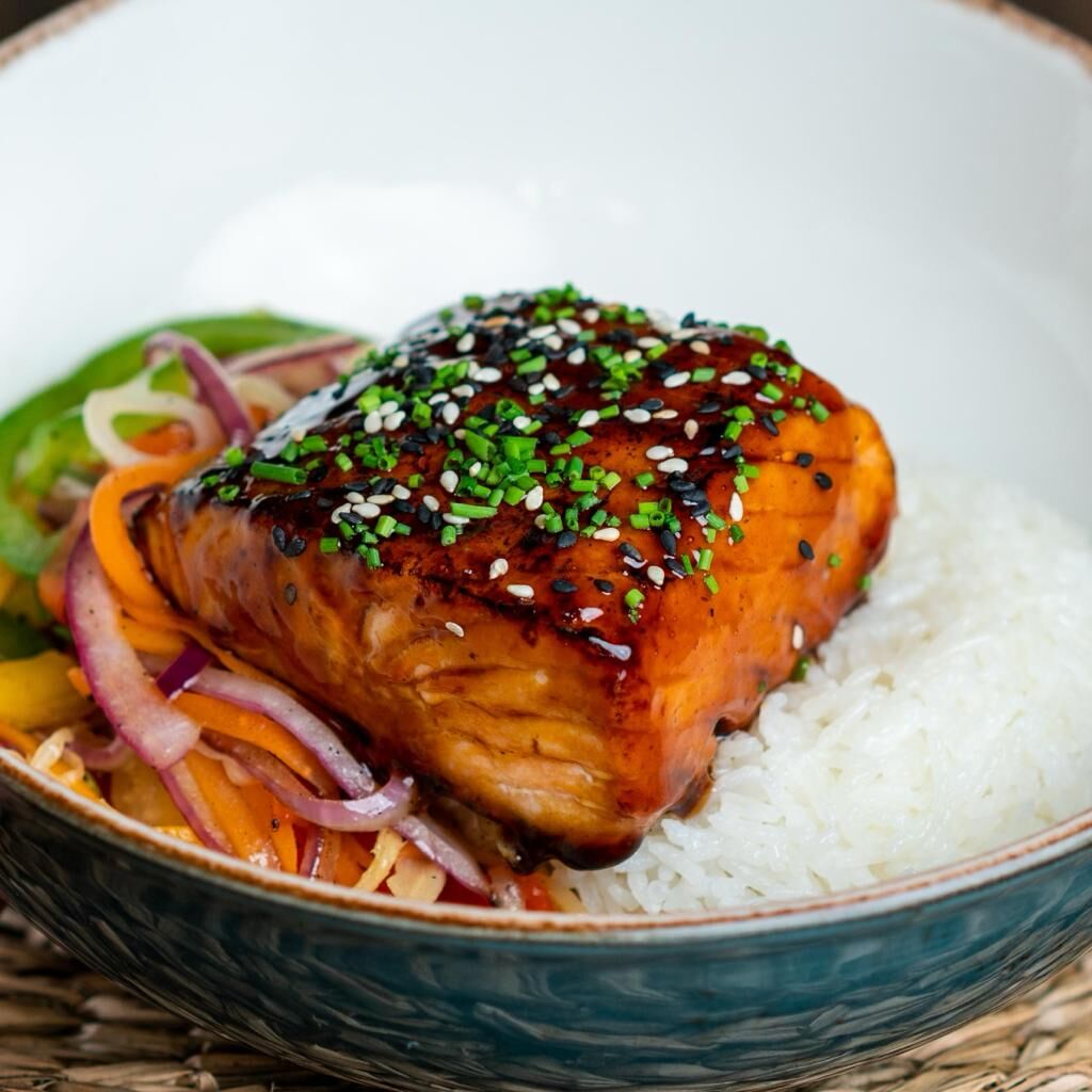 Salmon Teriyaki Asian style with Basmati rice and vegetable stir fry